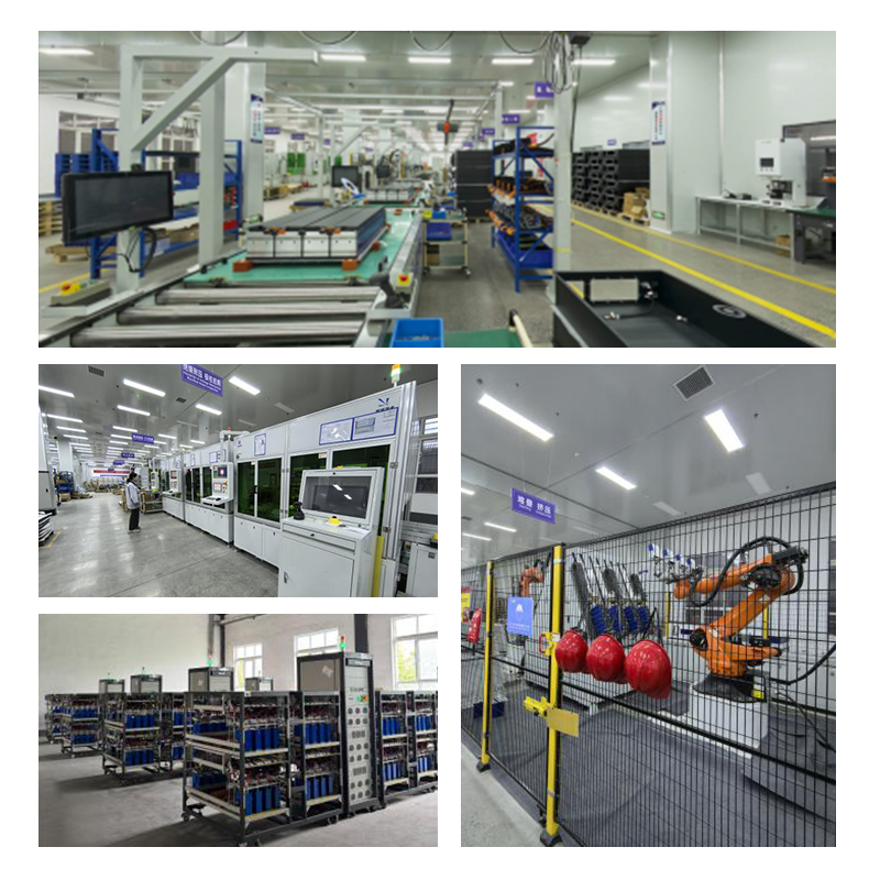 Vanyo Manufacturing Line showing automated assembly, quality testing equipment, and organized battery cell storage racks